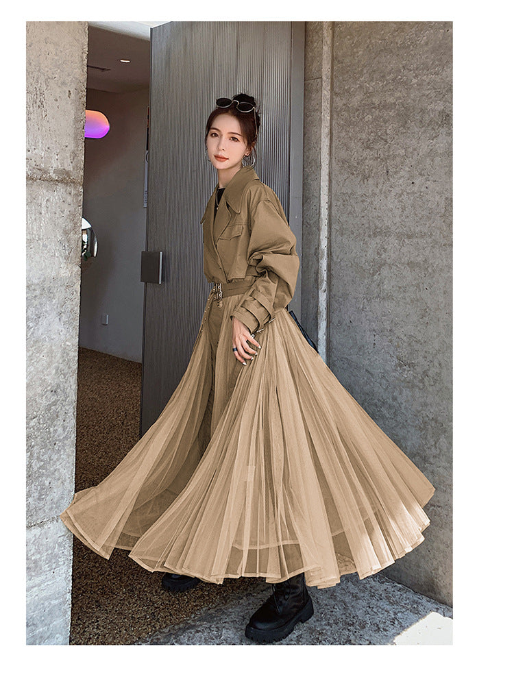 Fashion women's wear A Large Number of in Stock 2024   Purpleflower Holly Leaf Spring and Autumn Trench Coat Women's French Mesh Stitching Casual Temperament Coat