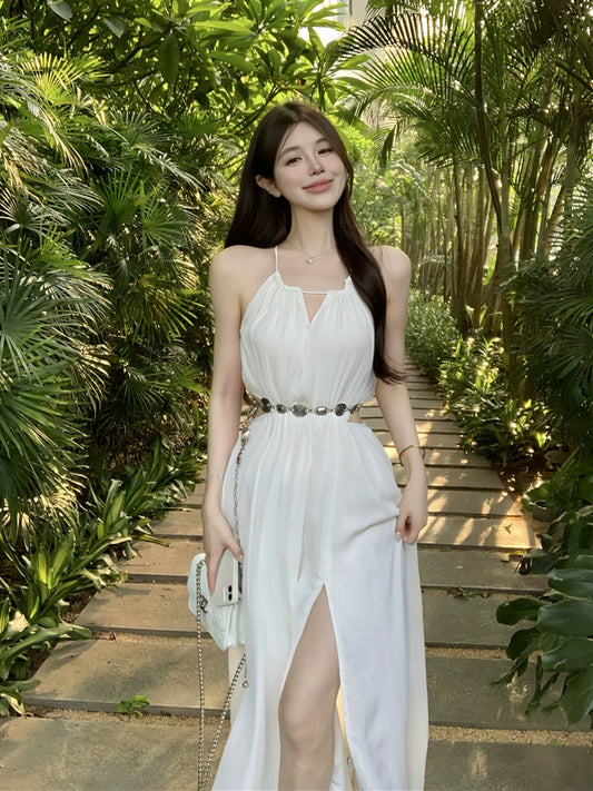 Fashion women's wear French Style Temperament White Halter Sling Dress Women's Summer Super Fairy Midriff Outfit Seaside Vacation Sanya Beach Dress