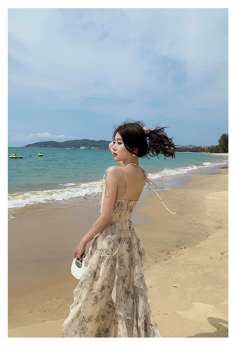 Fashion women's wear Phantom Fairy Ink Blue and White Suspender Dress Sanya Holiday Beach Skirt Irregular Ruffled Floral Dress