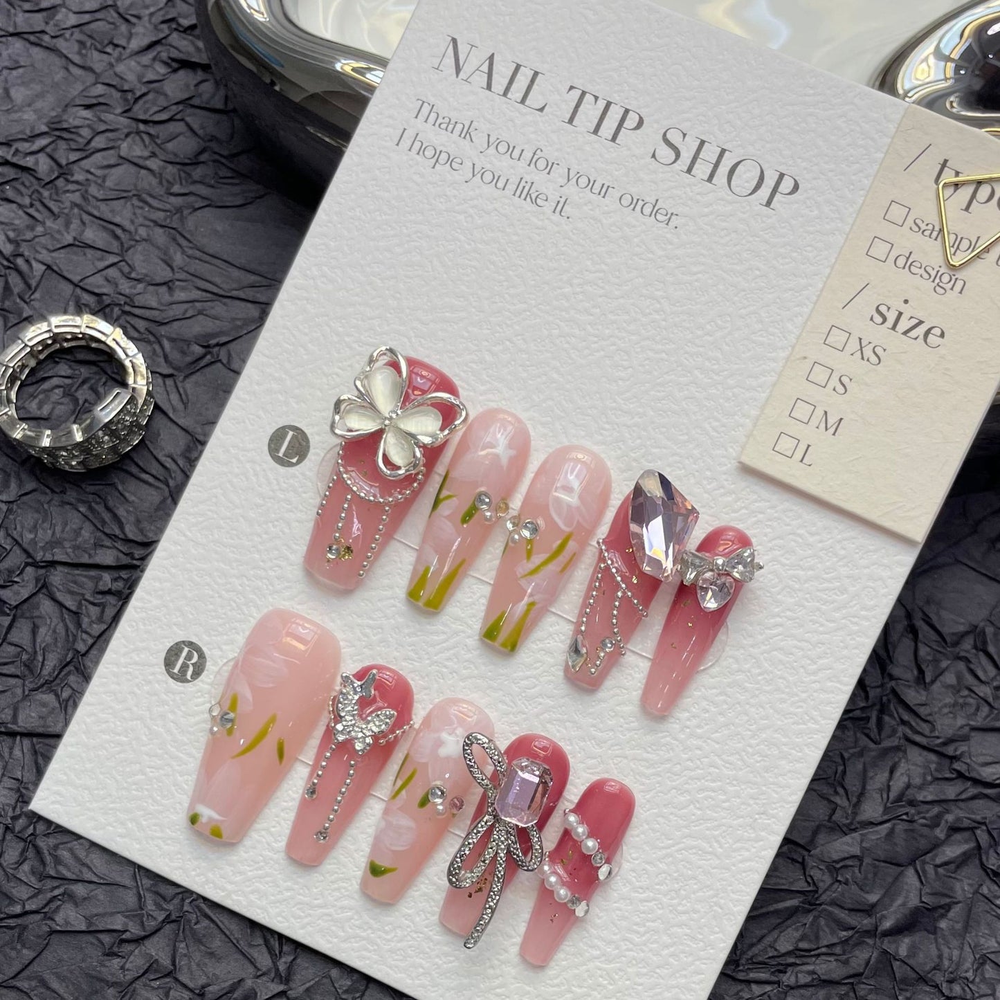 (reusable nail)初秋纯手工高级款钻球碎钻爆闪网红穿戴甲蝴蝶宝盒高品轻奢美甲