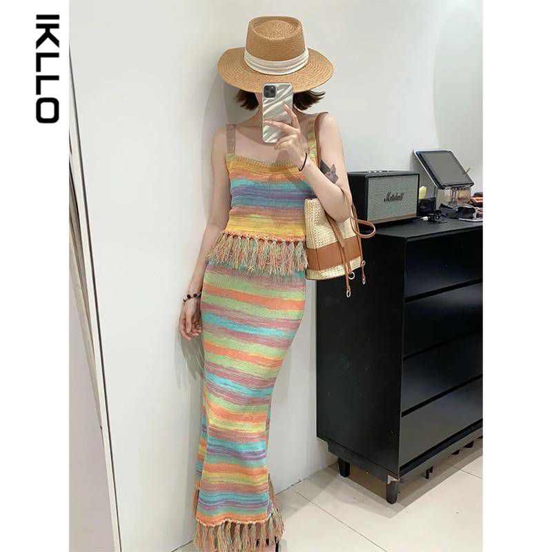 Fashion women's wear Summer New Women's Seaside Holiday Rainbow Color Strap Dress Classic Style Set Matching Age-Reducing Suit Skirt