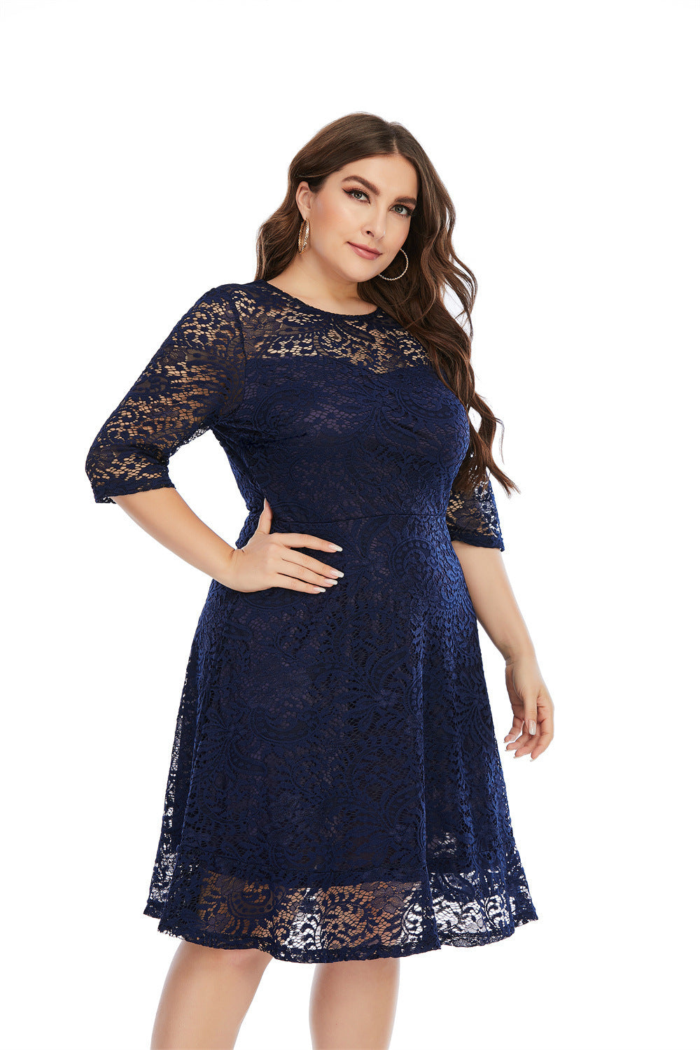 Fashion women's wear 2024   plus Size Women's Clothes round Neck Lace Mid-Length Formal Dress Dress Sq0156