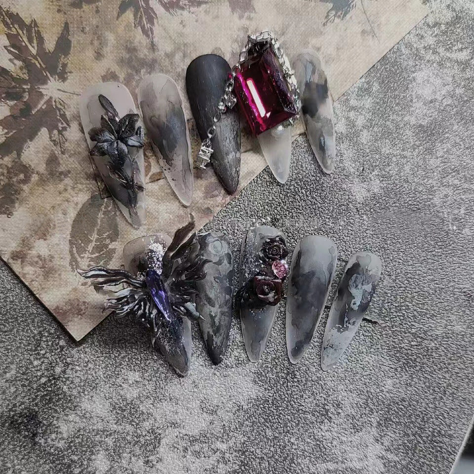 (Hand-Made Nail) Hand-Painted Nail Manicure Heavy Industry Hand-Painted Ice Transparent Blooming Red and Black Face Purple Flower Butterfly Disassembly