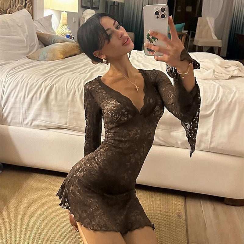 Fashion women's wear Q23ds591  Cross Border Solid Color Lace Hollow out Low Collar Long Sleeves Hip Skirt Women's Sexy Slim Autumn New