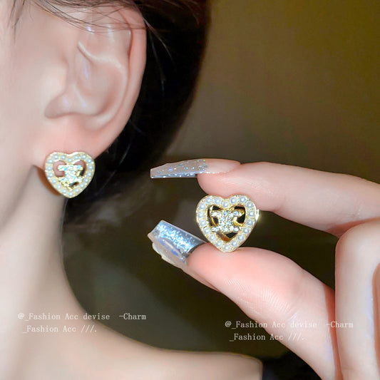 真金电镀双面珍珠爱心耳扣法式高级感气质耳环小众设计感耳饰批发