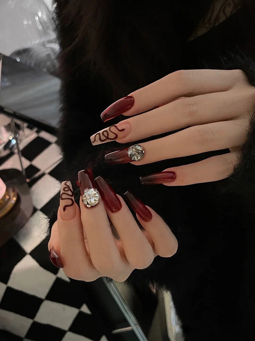 Fashion  nail Wearable Fake Nails Snake Diamond Manicure European and American Nail Nail Sticker Finished Detachable Nail Tip Patch Ballet Nail A49