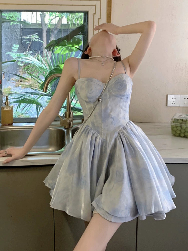 Fashion women's wear Tea Break French Style Fishbone Sling Dress Fairy Birthday Dinner Suit Disney Princess on the Run Bubble Skirt