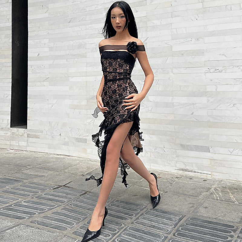 Fashion women's wear INS Style Women's Clothing 2024 New Sexy Hot Girl Lace Double-Layer Tube Top off-Neck Slit Ribbon Dress