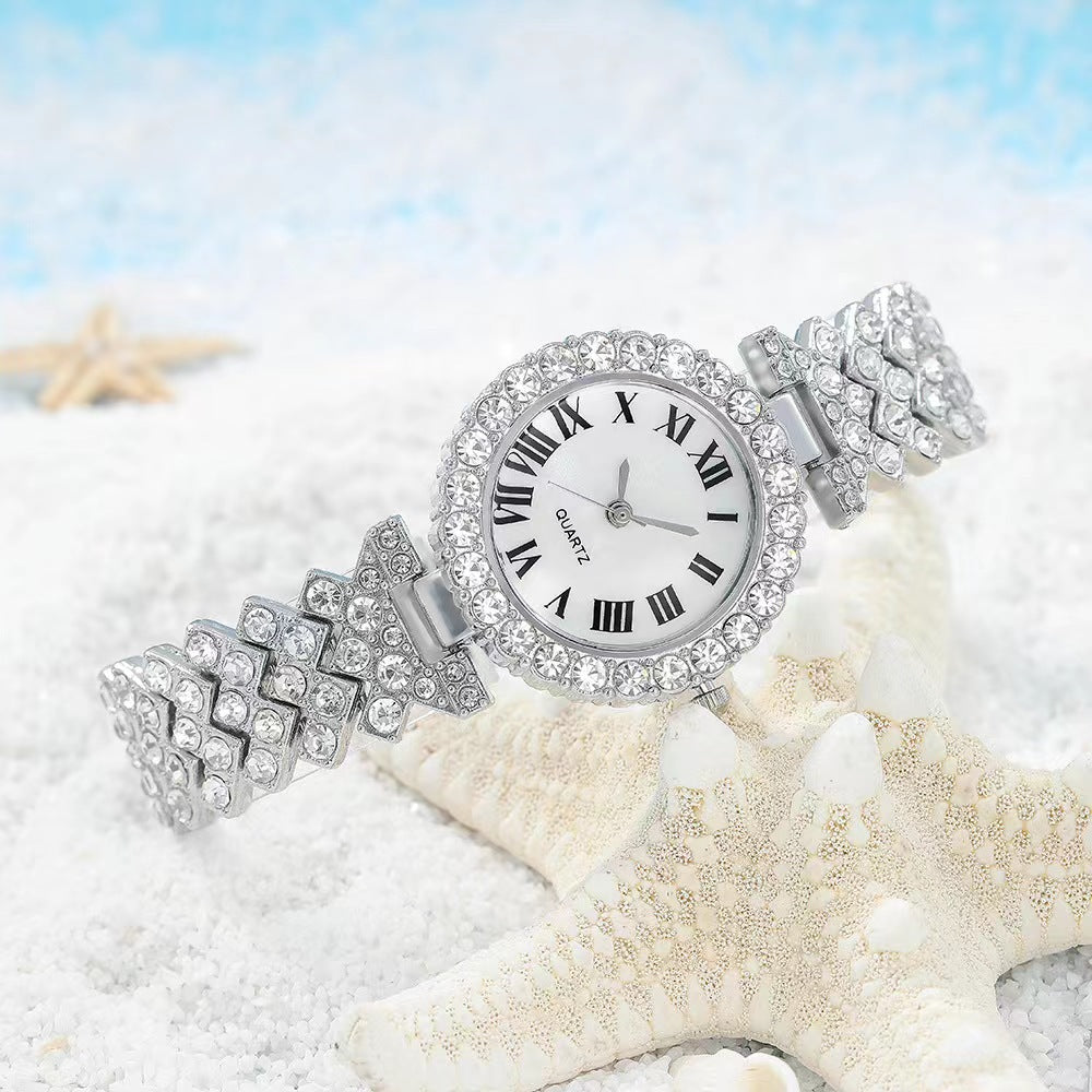 Fashion women's watch2023 New Foreign Trade Cross-Border Hot Casual Fashion Diamond-Embedded Simple Roman Pattern Women's Watch Six-Piece Gift Box