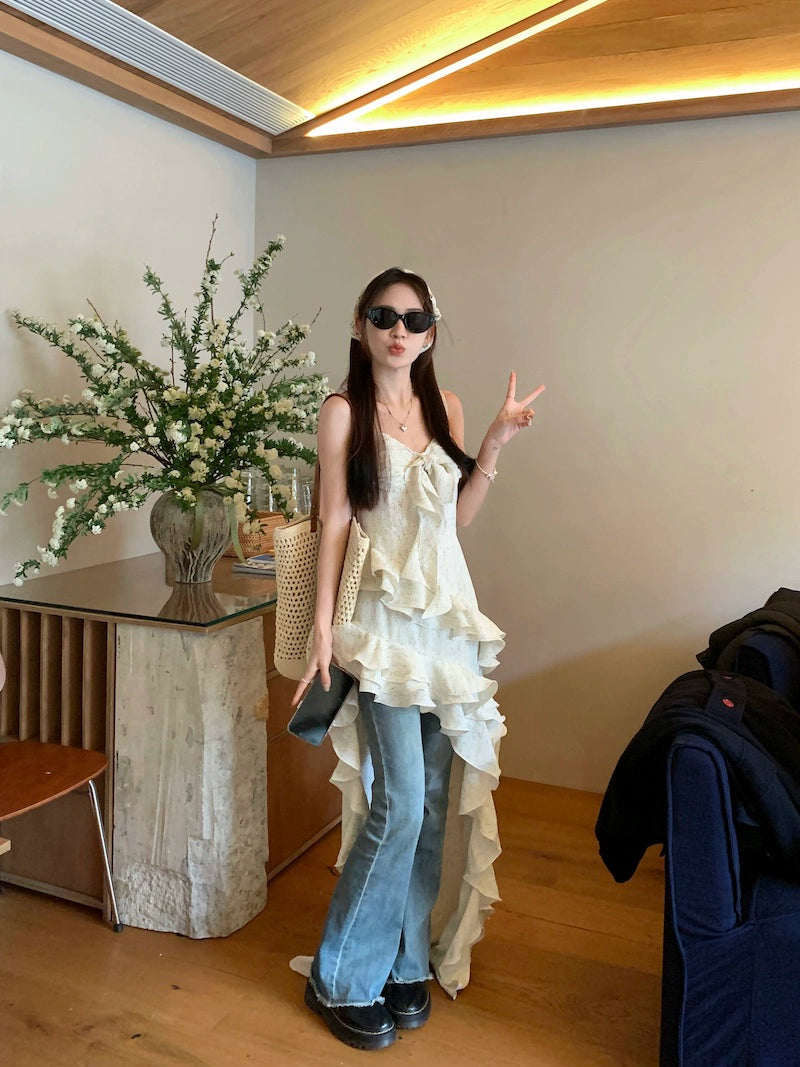 Fashion women's wear Tea Break French Irregular Ruffled Floral Strap Dress Women's Summer High-Grade Sense Beautiful Seaside Vacation Dress