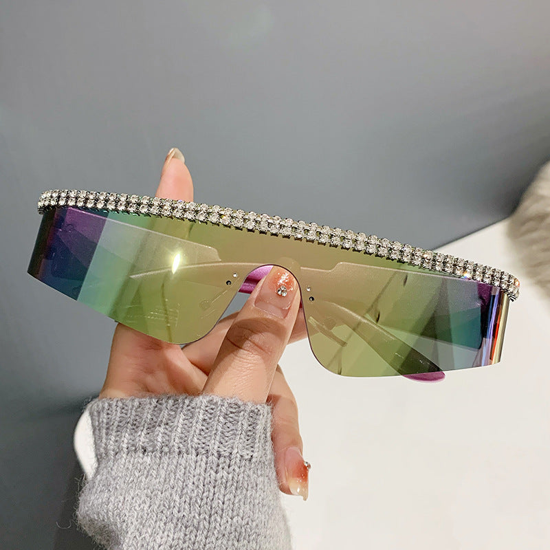 Women's fashion glasses 2023跨境爆款一体太阳镜 欧美个性镶钻连体骑行眼镜 嘻哈运动墨镜