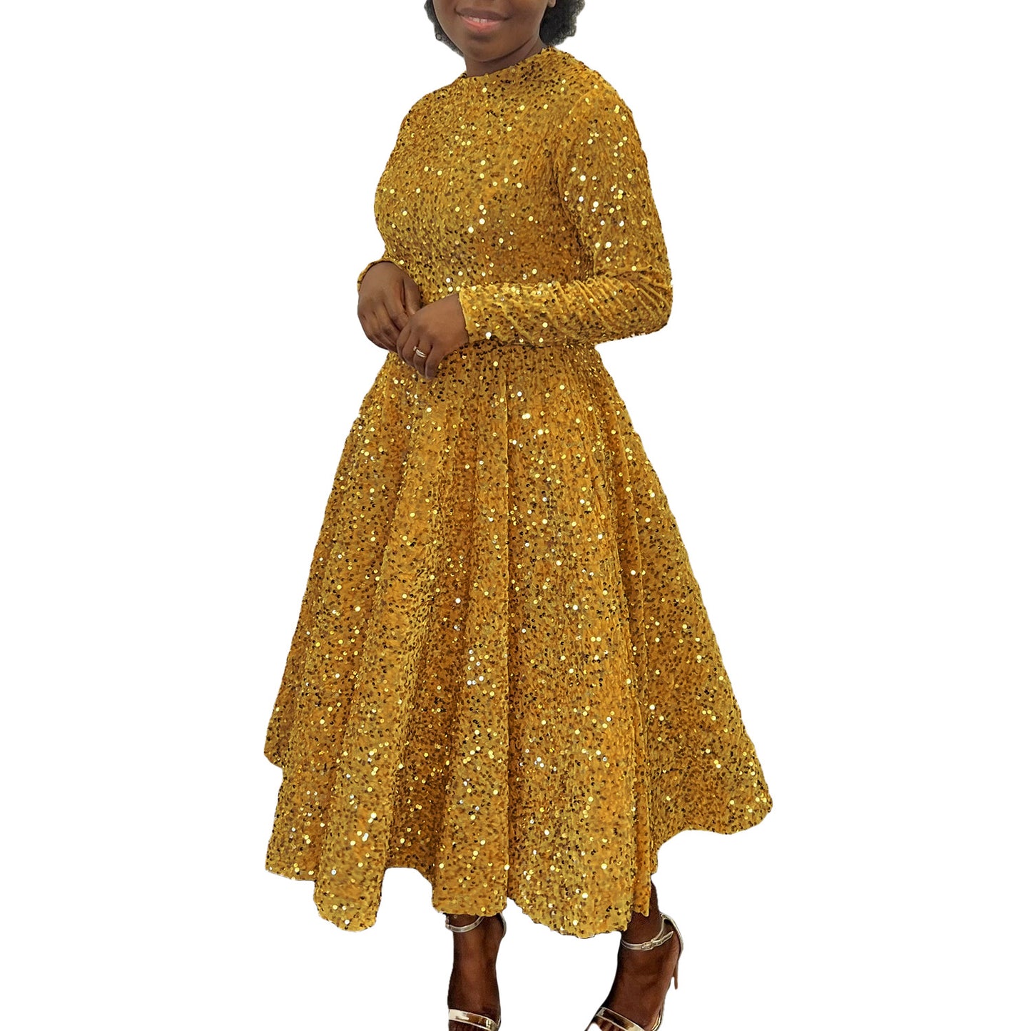 Fashion women's wear D469 Cross-Border New Arrival Women's round Neck Long Sleeve Pure Color Sequins High Waist Temperament Mid-Length Formal Dress European and American Style Dress