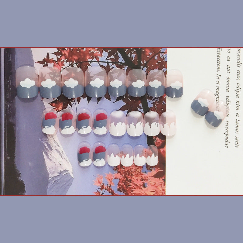 涂鸦云朵穿戴甲撞色可爱指甲贴片亮面美甲片假指甲美甲贴成品甲片