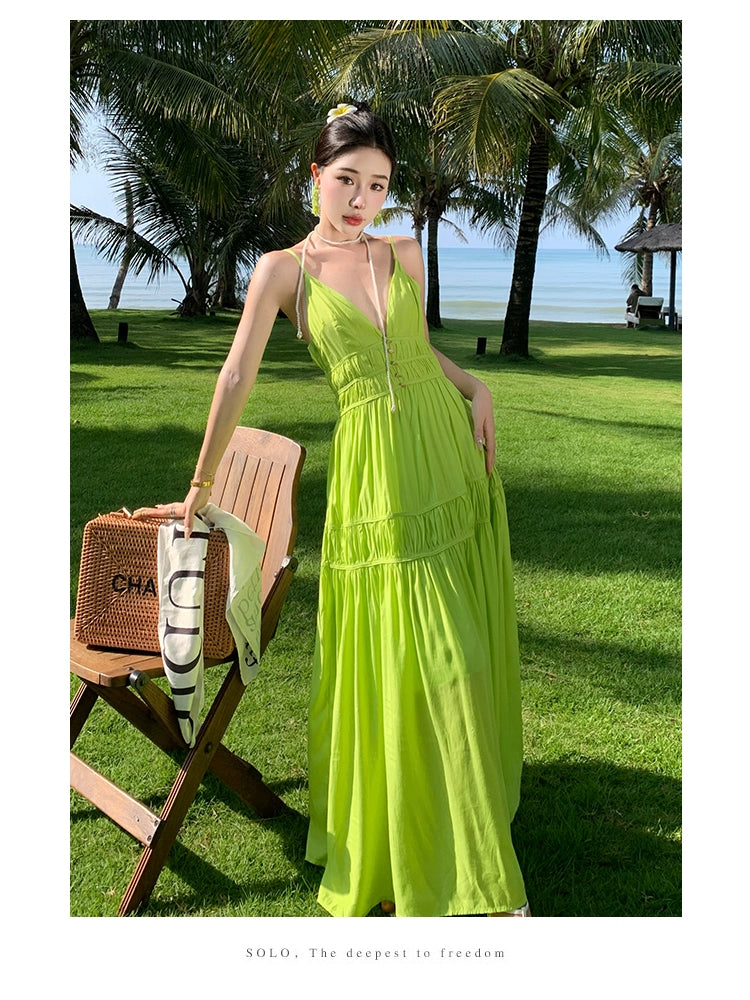 Fashion women's wear Summer Dopamine Seaside Vacation Deep V Dress Green Suspenders Ankle-Length Dress Sanya Slimming Beach Skirt Female