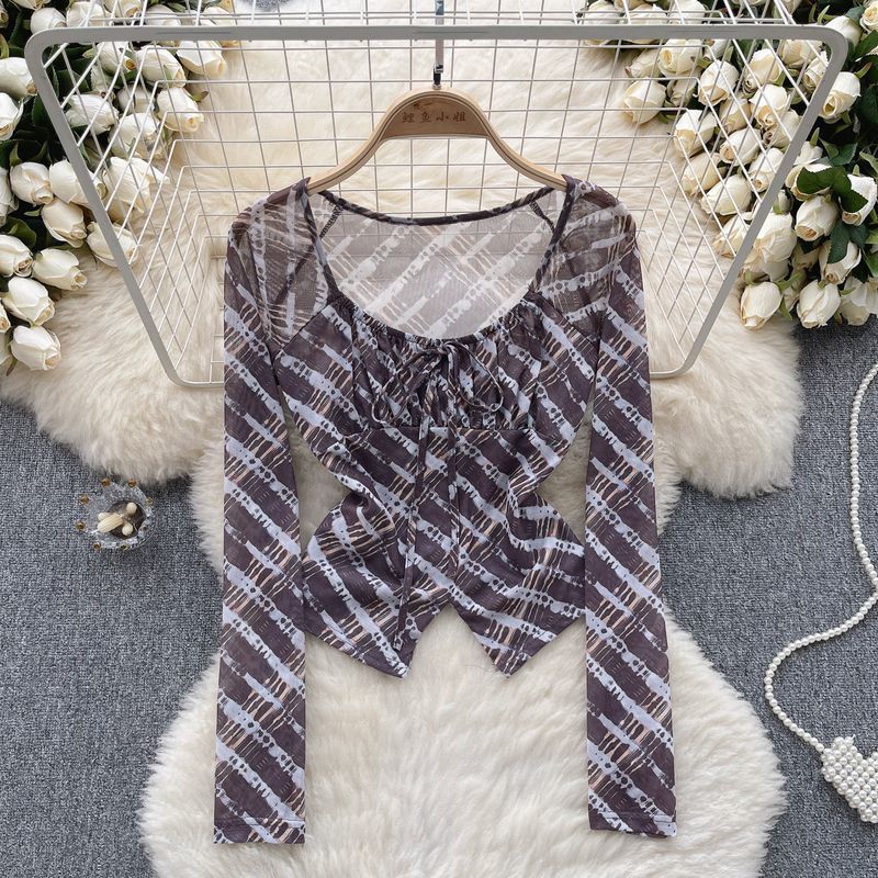 Dopamine tops Free shipping Tattoo Sweet and cool Spice Girl Style Tulle Floral Shirt Women's Autumn Strap Exposed Navel Design Sense Skinny Unique Pure Desire Top Trend