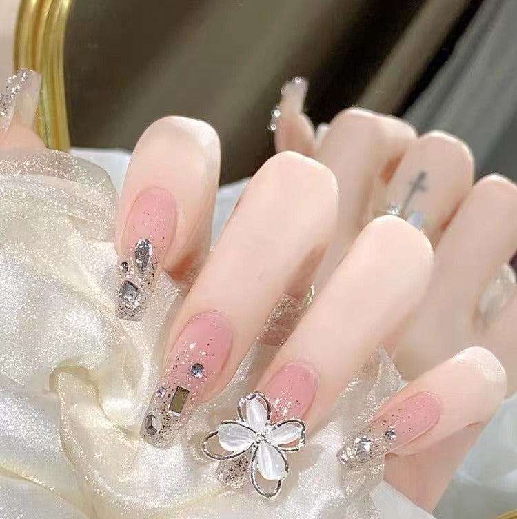 (Hand-Made Nail) Pink Icy Stick-on Crystals Butterfly High-Grade Sense Internet Celebrity Flash Fake Nails Handmade Wear Armor UV Nail