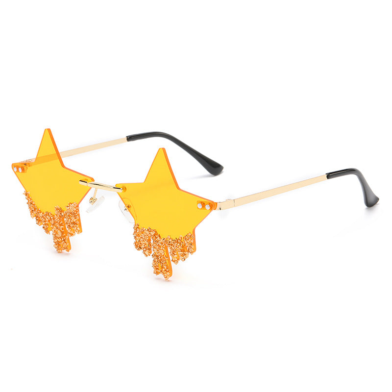 Women's fashion glasses 新款欧美五角星镶钻无框太阳镜女时尚个性夸张墨镜防紫外线