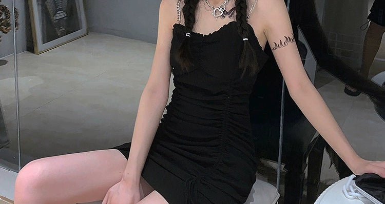 Fashion women's wear Sweet and Spicy Suspenders Dress Women's Summer Waist-Tight Design Sense Niche Drawstring Pure Desire Sexy Hot Girl Short Hip Skirt