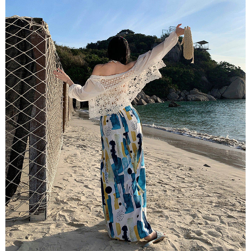 Dopamine pants Free shipping Tattoo Seaside photo pants super fairy summer Thailand Sanya seaside vacation wide-leg pants dopamine beach skirt pants trousers