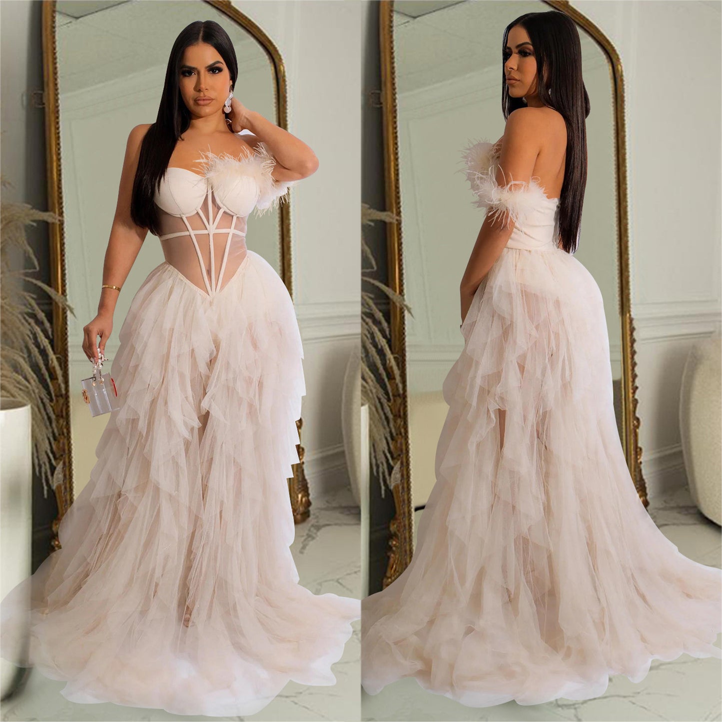 Fashion women's wear X6223 Cross-Border  Fashion Women's Wear Solid Color Sleeveless Chest Wrap Mesh Long Dress Dress