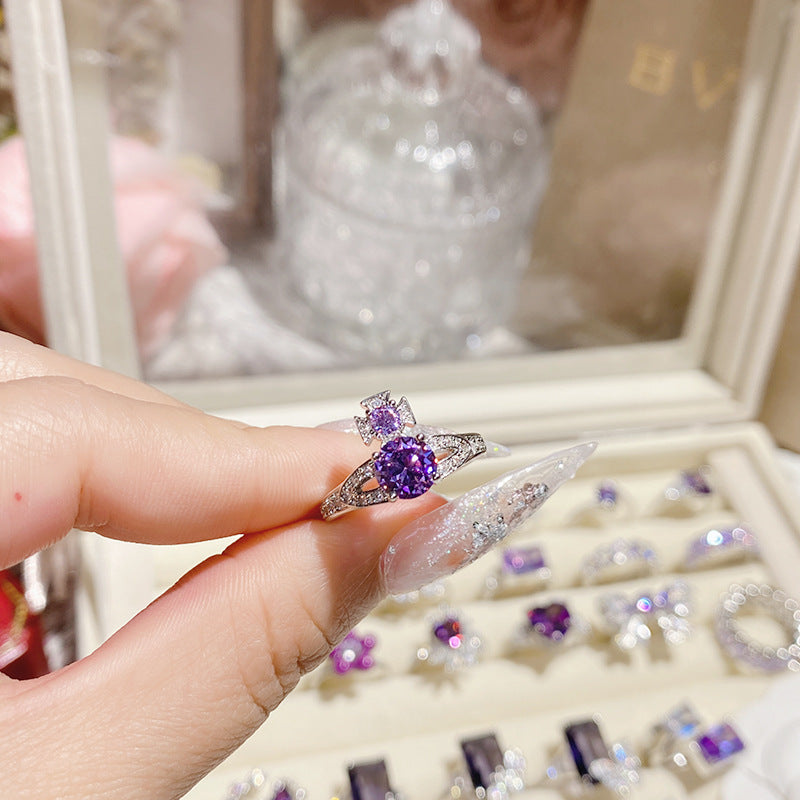 山茶超仙优雅梦幻紫钻系列戒指 镀18K金原创设计奢华爆闪高级指环
