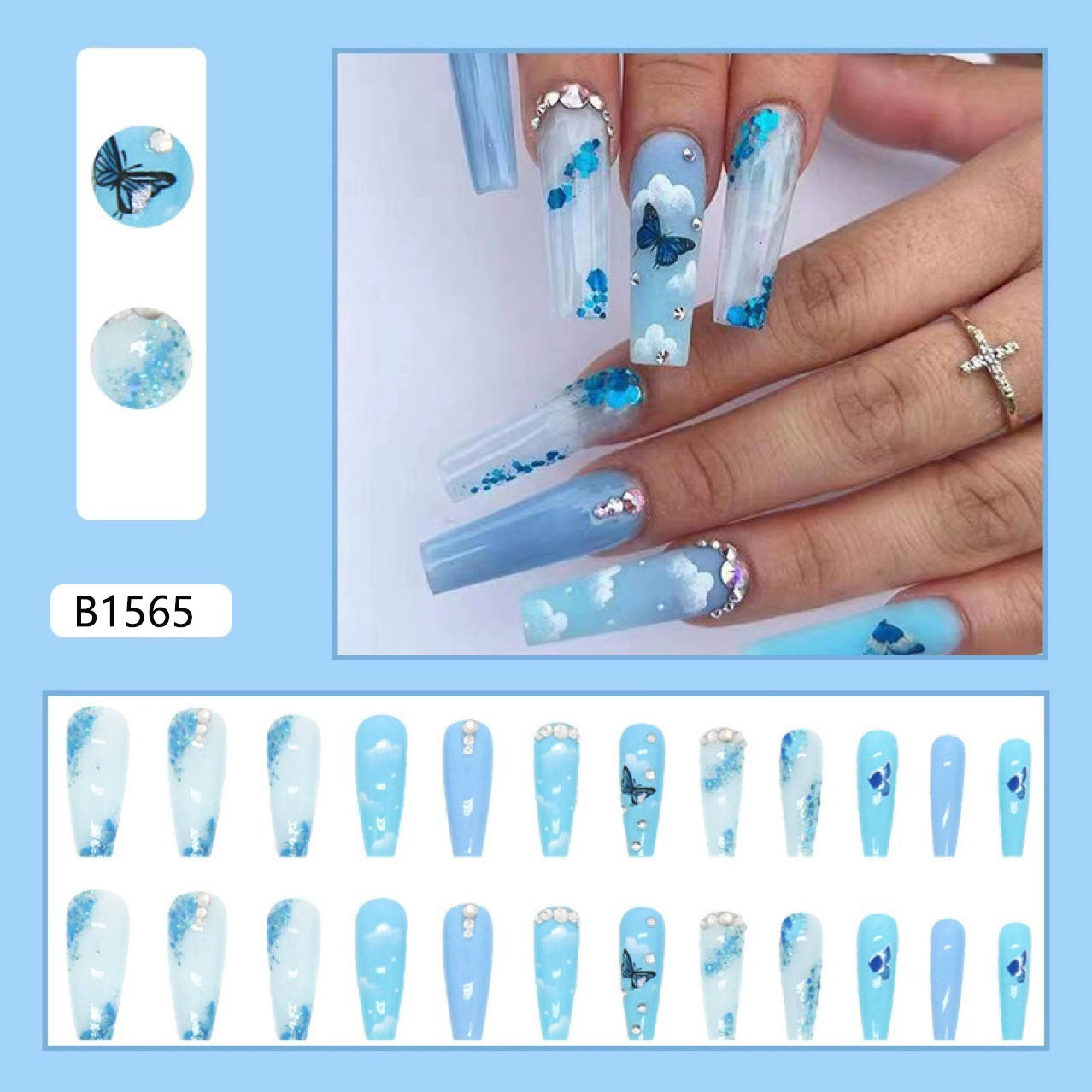 (Hand made nail) European and American long INS style wearable nail patches, fake nail patches, diamond flame heart nail patches, finished product