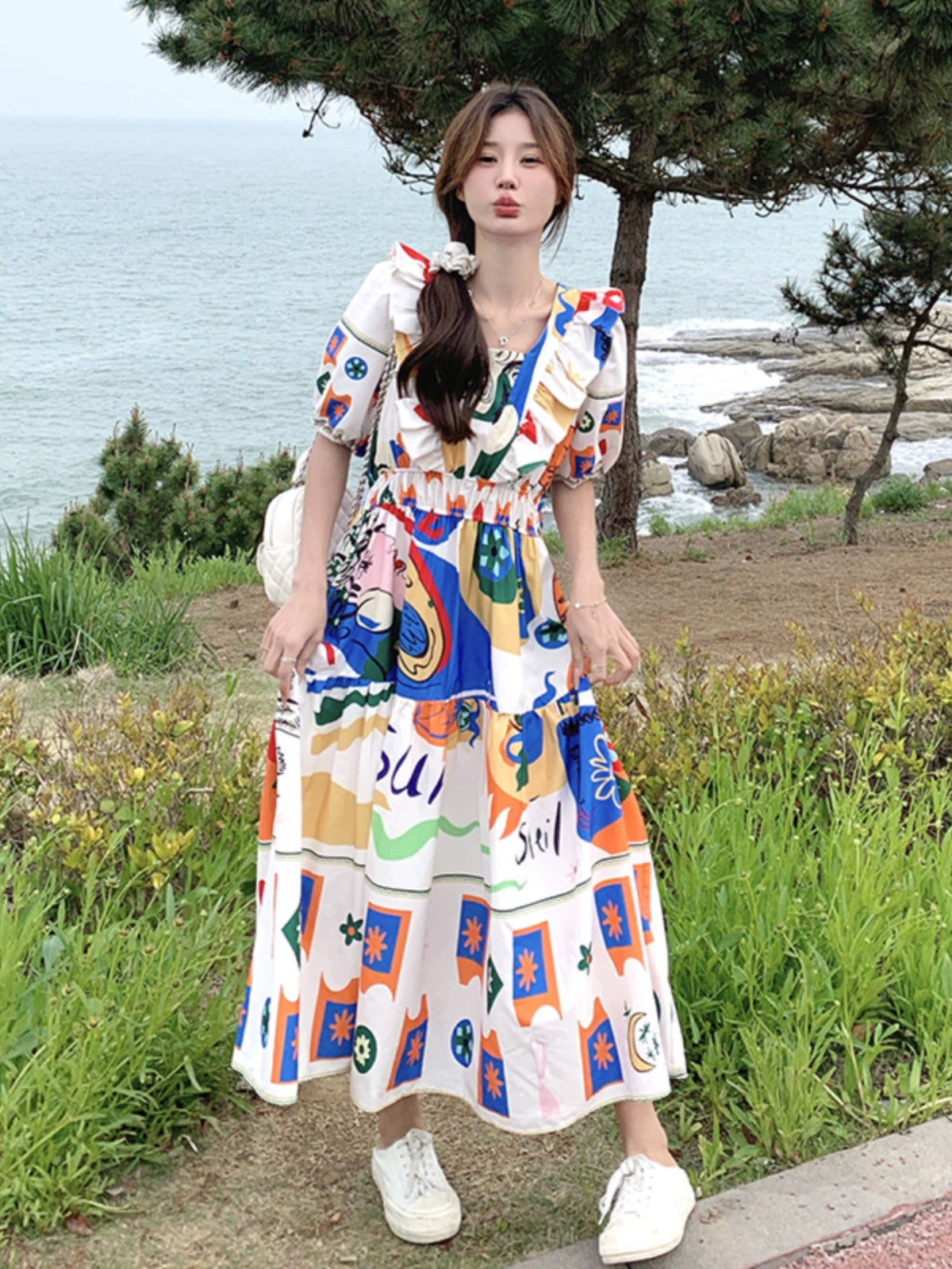 Dopamine dress Free shipping Tattoo Dopamine graffiti print dress women's summer 2024 new color art raw bubble sleeves age-reducing and thin dress