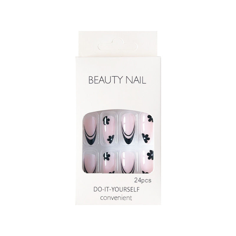 黑色小花穿戴甲法式nails 跨境美甲片外贸假指甲长尖甲型美甲贴片