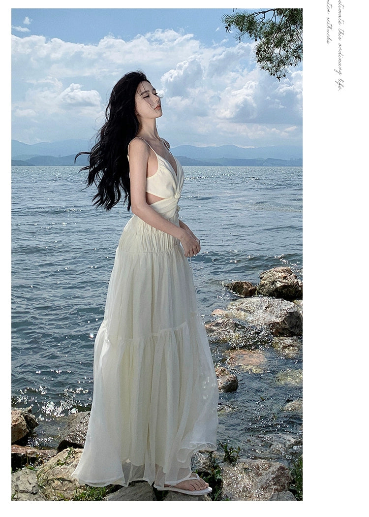 Fashion women's wear Tea Break French Advanced Sexy Backless Spaghetti Straps Dress Fairy Lady Super Fairy Gorgeous Seaside Vacation Beach Dress