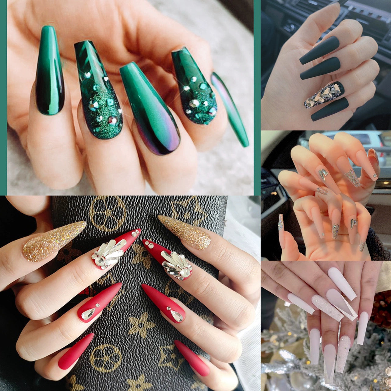 (Hand-made nail) Spice girl Europe and America, dark and long manicure nail, ballet nail, flat head, white, fake nails, wearing beautiful patch, finished product.