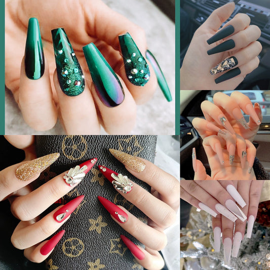 (Hand-made nail) Spice girl Europe and America, dark and long manicure nail, ballet nail, flat head, white, fake nails, wearing beautiful patch, finished product.
