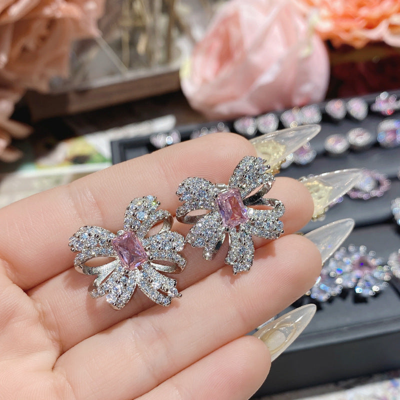 山茶璀璨粉宝石爱心耳饰 设计师镀18K金高定轻奢款蝴蝶结锆石耳钉