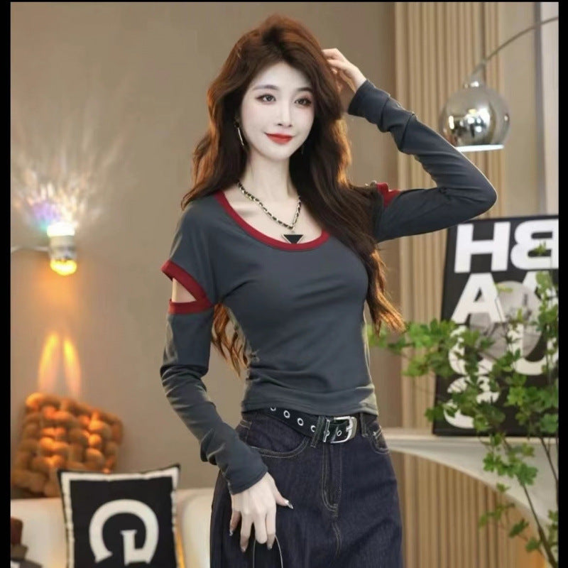 Free shipping Tattoo Douyin 2024 new autumn and winter contrasting color U-neck long-sleeved slim-fitting T-shirt foreign style bottoming shirt top women tops