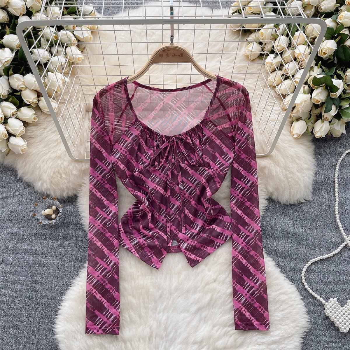 Dopamine tops Free shipping Tattoo Sweet and cool Spice Girl Style Tulle Floral Shirt Women's Autumn Strap Exposed Navel Design Sense Skinny Unique Pure Desire Top Trend