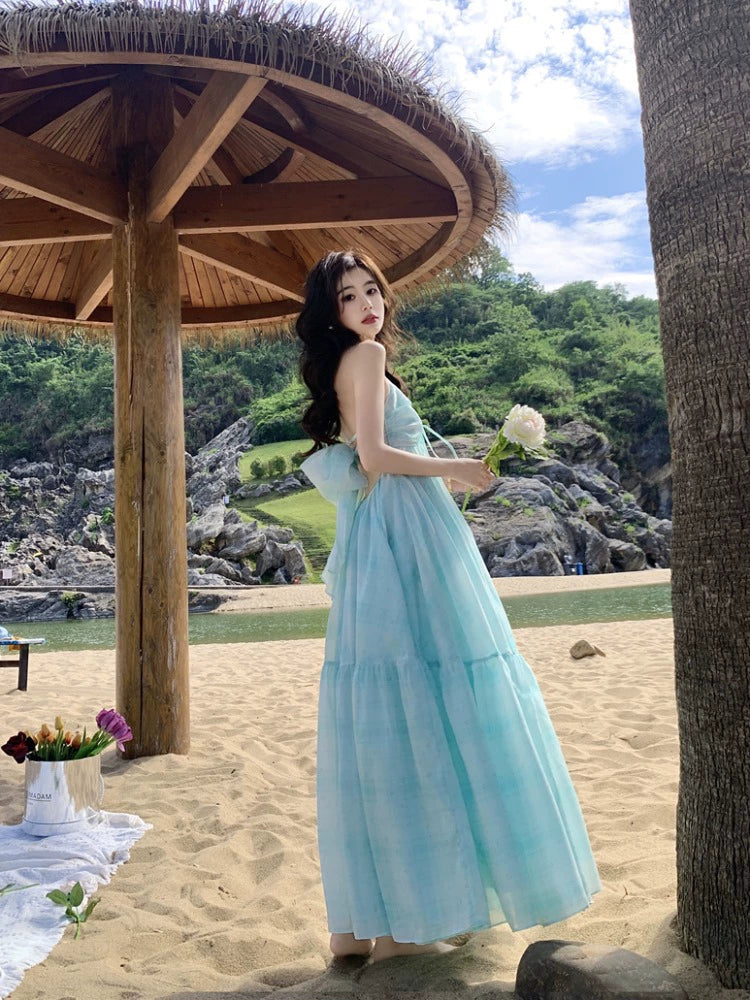 Fashion women's wear Tea Break French Blue Halter Spaghetti Straps Dress Women's Elegant Backless Seaside Holiday Beach Dress Long Skirt