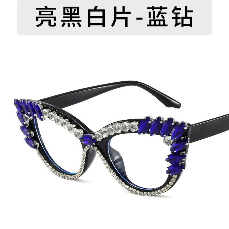 Women's fashion glasses 2023秋季新款欧美猫眼镶钻防蓝光平光镜跨境时尚网红 ins装饰眼镜