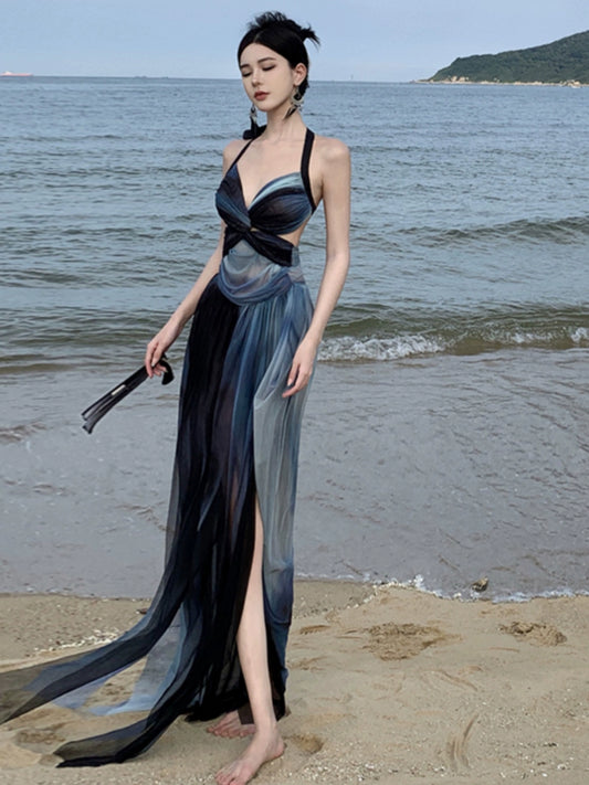 Fashion women's wear Thailand Sanya Holiday Halter Dress Summer Backless Seaside Travel Wear and Take Photos Beach Skirt Atmosphere