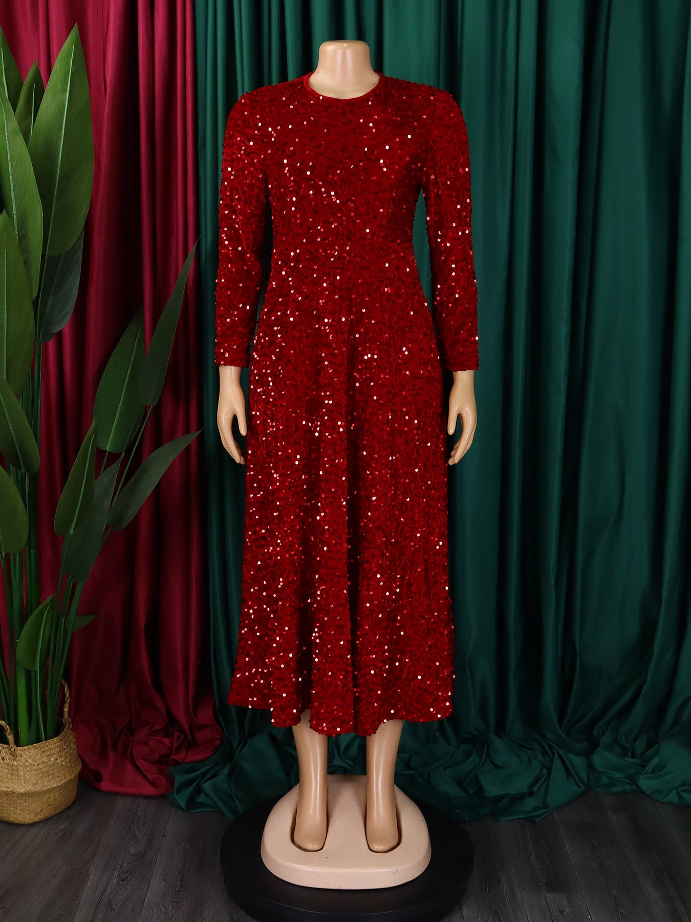 Fashion women's wear D469 Cross-Border New Arrival Women's round Neck Long Sleeve Pure Color Sequins High Waist Temperament Mid-Length Formal Dress European and American Style Dress
