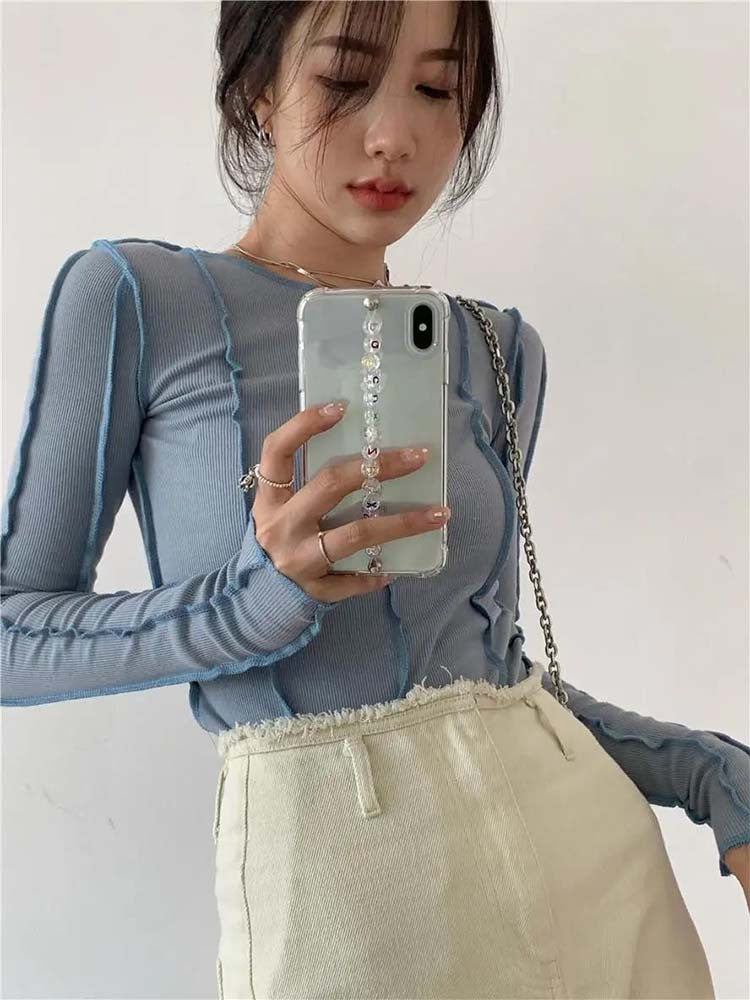 Free shipping women's clothing bright line niche design solid color base T-shirt versatile and thin long sleeves tops
