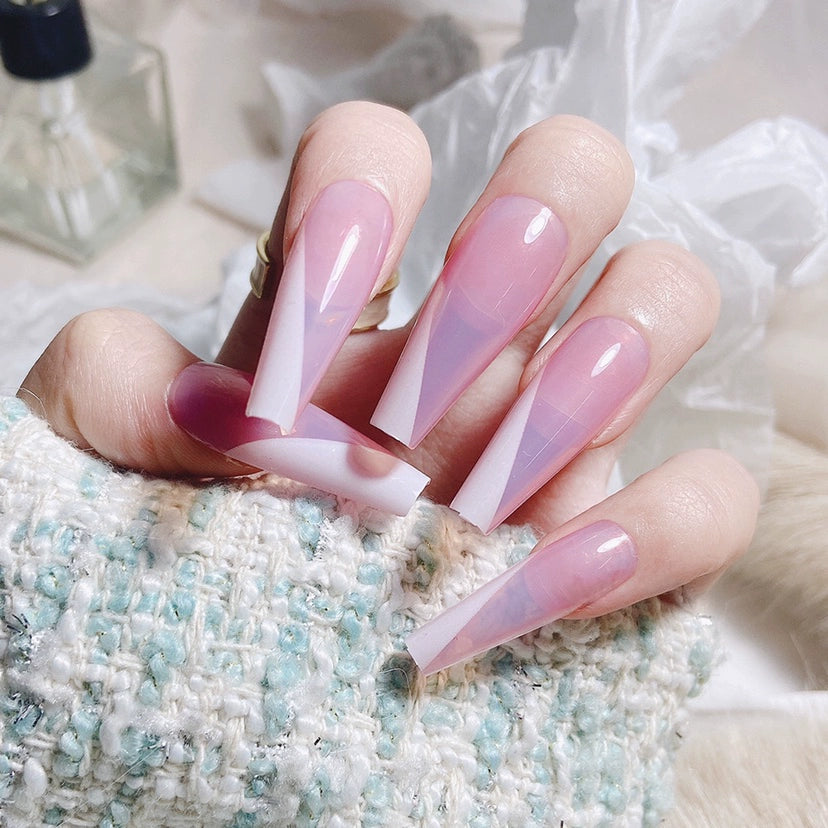 (Hand-made nail) Spice girl Europe and America, dark and long manicure nail, ballet nail, flat head, white, fake nails, wearing beautiful patch, finished product.