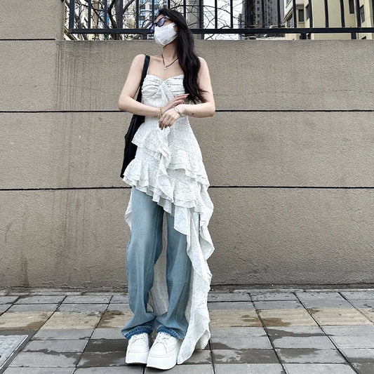 Fashion women's wear Seaside Vacation Style Tea Break French Strap Long Skirt Niche Design Irregular Ruffled Waist-Tight Dress