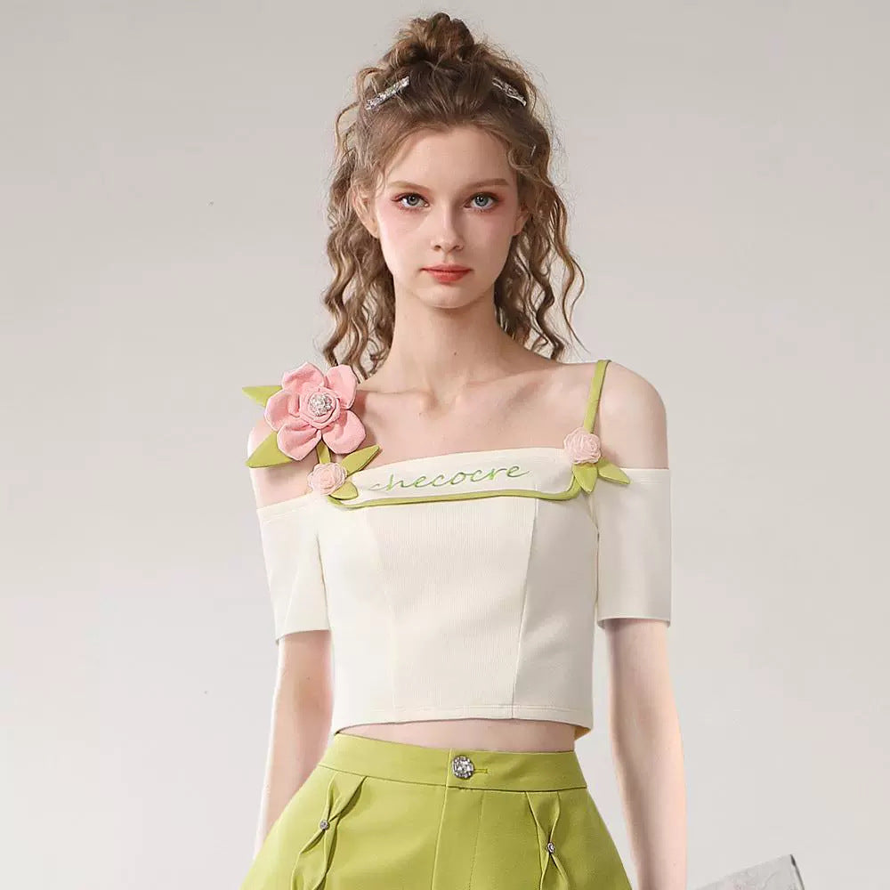 Dopamine tops Free shipping Tattoo Sweet and cool dopamine top 24 years summer tender pink flower one-word shoulder contrasting color suspender off-the-shoulder short-sleeved T-shirt
