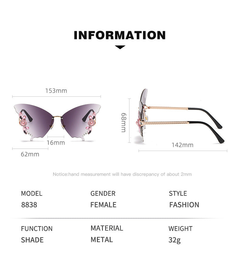 Women's fashion glasses 欧美跨境新款舞会蝴蝶形状镶钻无框太阳镜女夸张墨镜女圆脸大脸