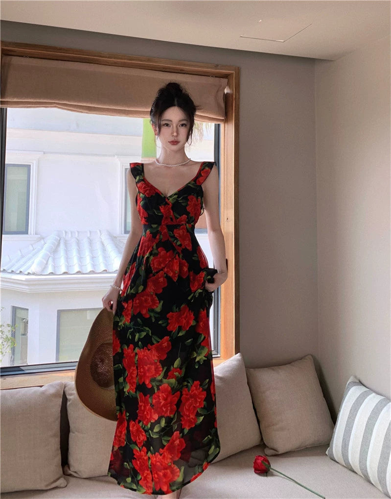 Fashion women's wear French Retro Tea Break Sling Ankle-Length Dress Women's Summer Seaside Holiday V-neck Rose Backless Slimming Dress