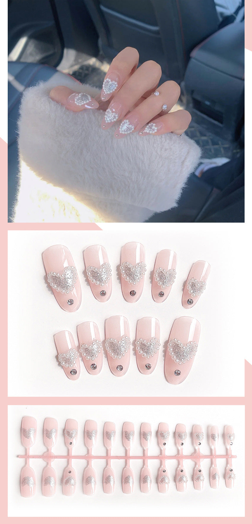 Fashion  nail Wearable Nail Nail Stickers Nail Patch Fake Nails Detachable Peach Heart Pearl Nail Tip Nail Sticker X2