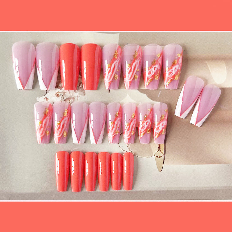 金箔丝带穿戴甲花纹nails 法式跨境美甲片外贸假指甲长甲美甲贴片
