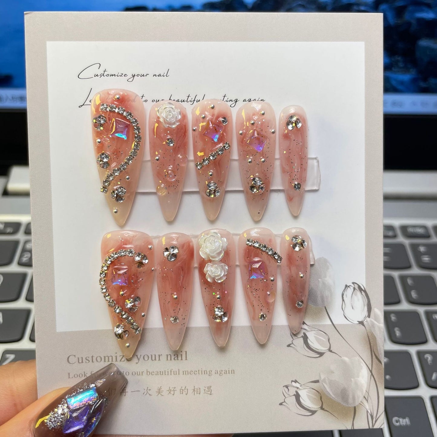(Hand-Made Nail) 333 Handmade Phototherapy Wear Nail Almond Nail Full Diamond Camellia Wear Nail Finished Product Repeated Use Nail Art