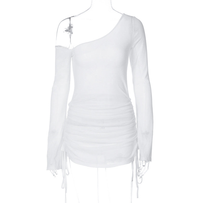 Fashion women's wear Autumn New Pure Hot Girl Style Shoulder Long Sleeve Sexy See-through Pleating Dress