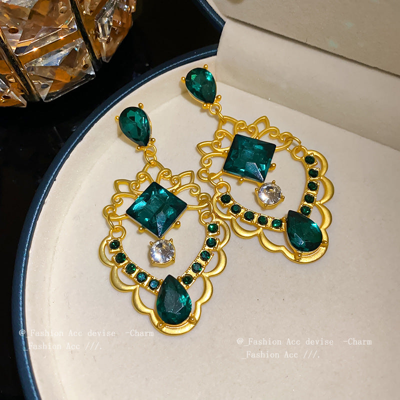 中古银针镶钻花朵水滴耳环复古宫廷风耳钉小众高级感夸张耳饰批发
