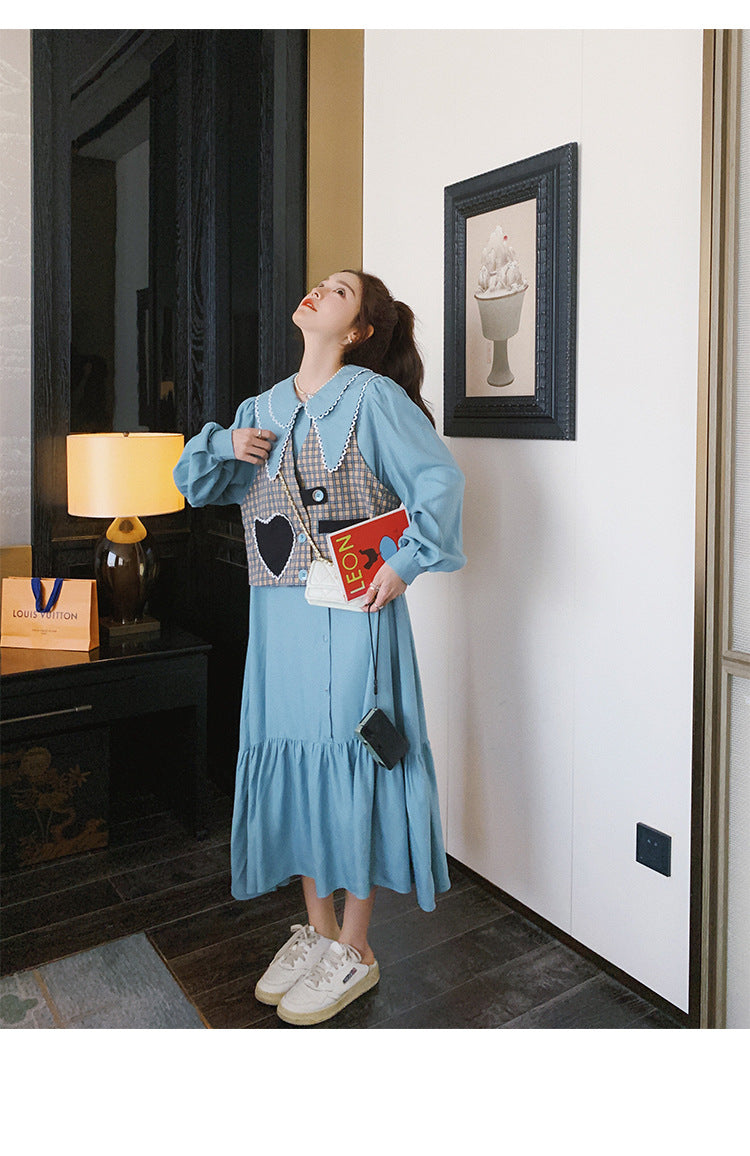 Fashion women's wear Real Shot Tea Series Ladies Long Sleeves Dress Women's Spring and Autumn French Style Gentle Cut Women's Wear Love Vest Suit Skirt